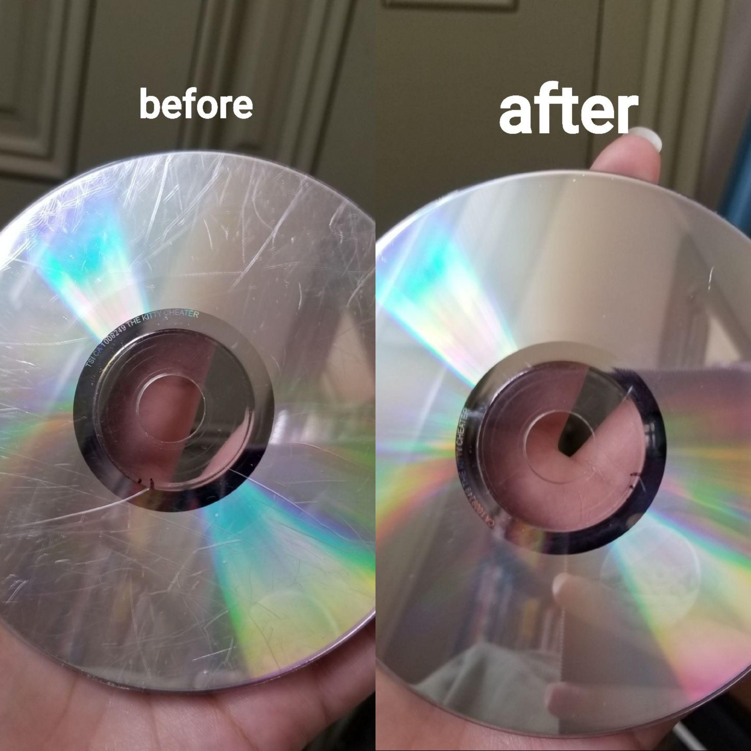 Before and after comparison of a heavily scratched CD restored to a clean, clear surface